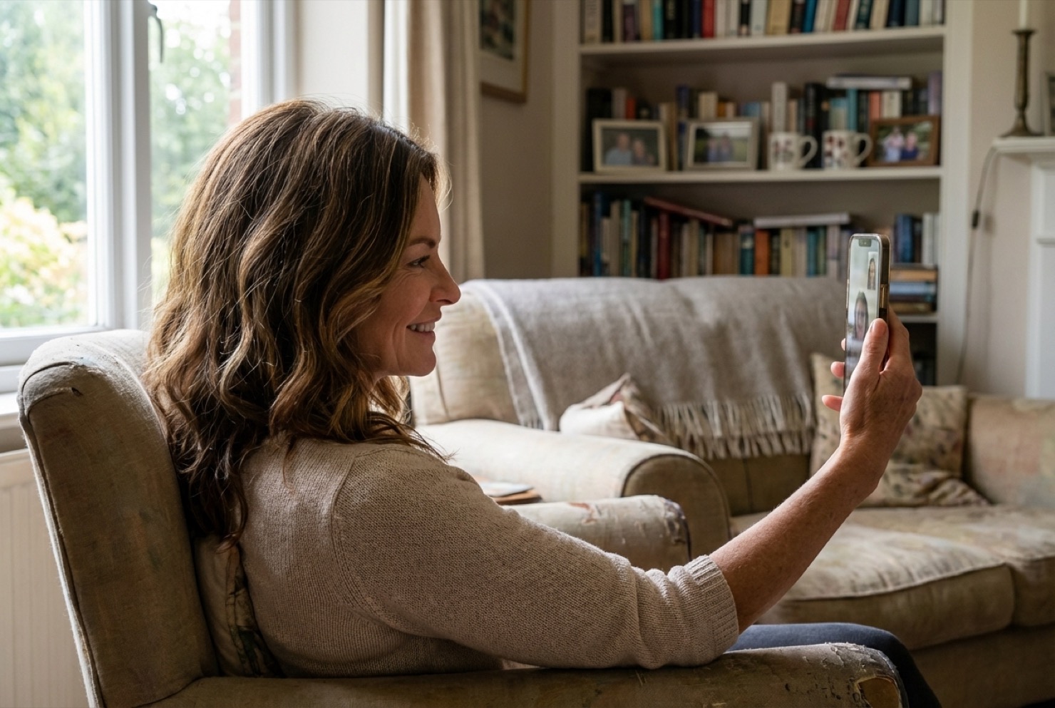 Woman comfortable on a FaceTime video call in her living room