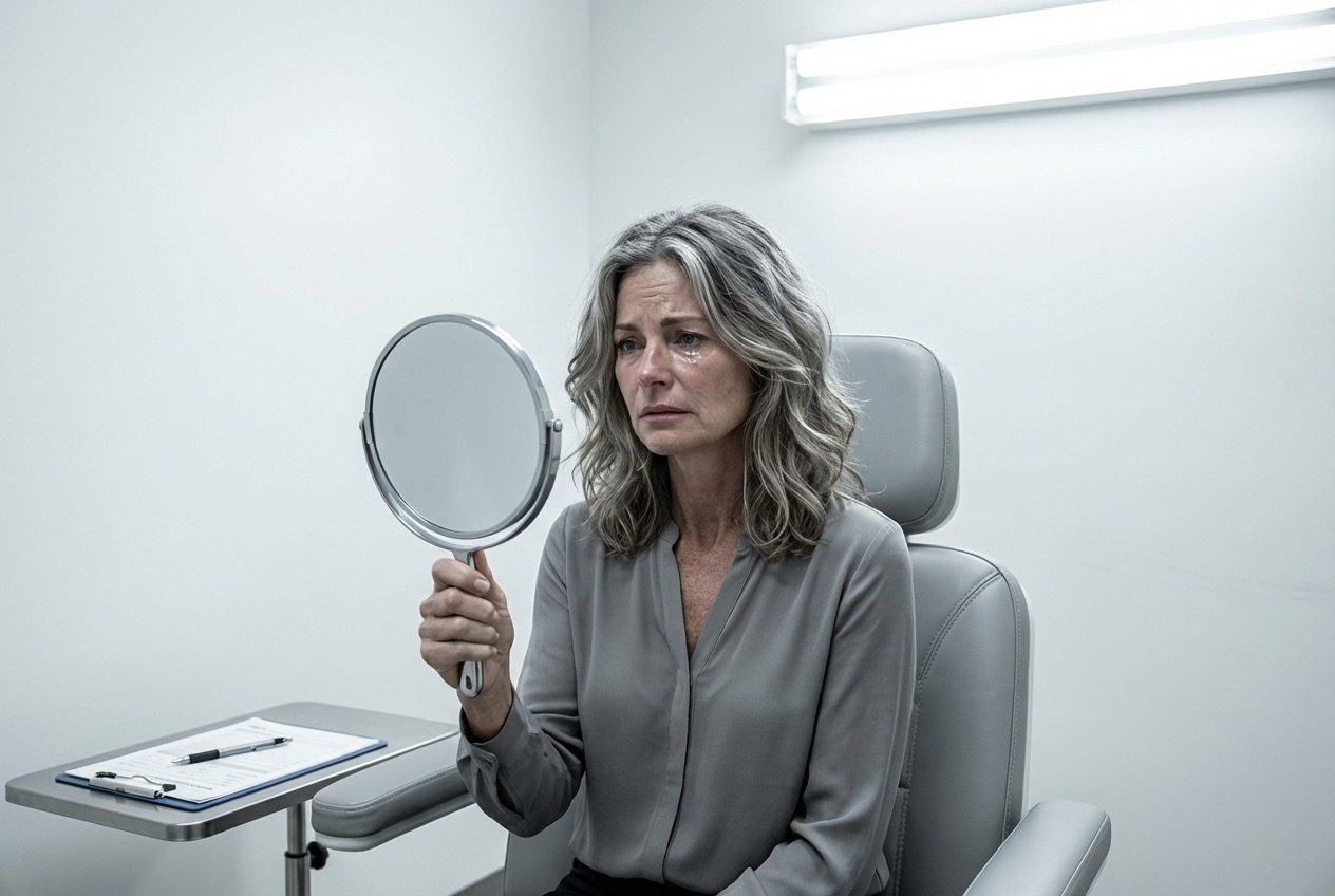 Woman in clinical consultation room looking into a hand mirror with marker lines drawn on her face