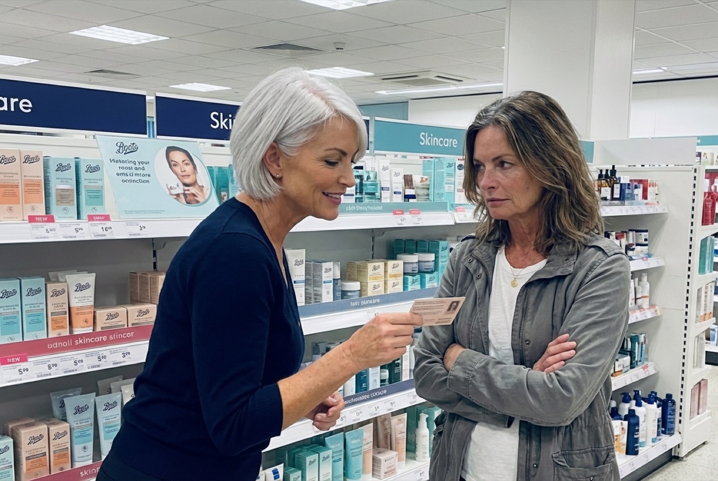 Two women in Boots skincare aisle, older woman with silver hair handing a card to a younger sceptical woman